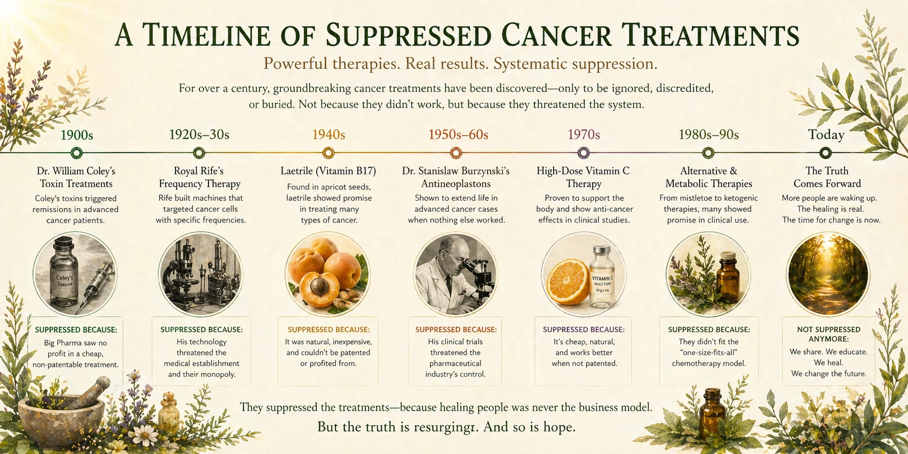 Timeline of suppressed cancer treatments graphic