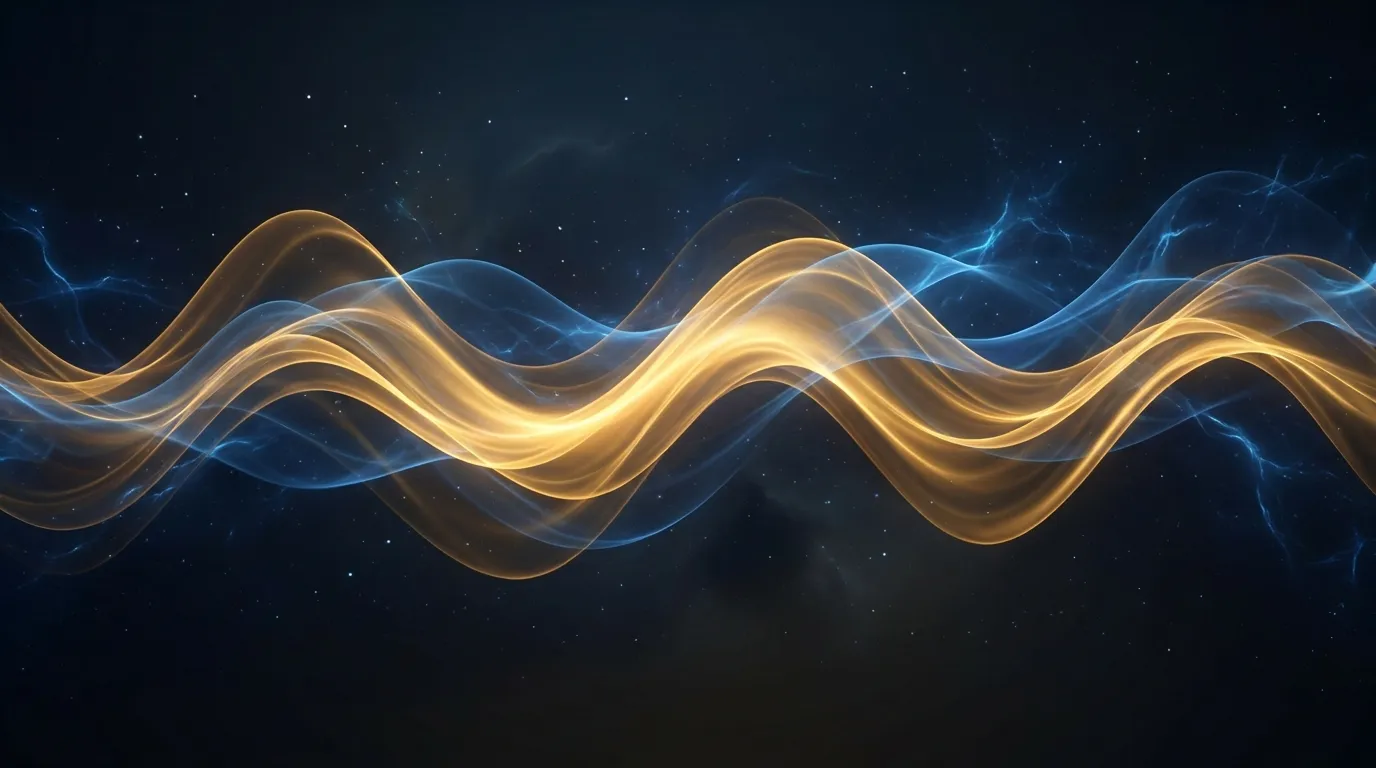 Golden and blue sound waves flowing across a navy background, illustrating the 528 Hz frequency