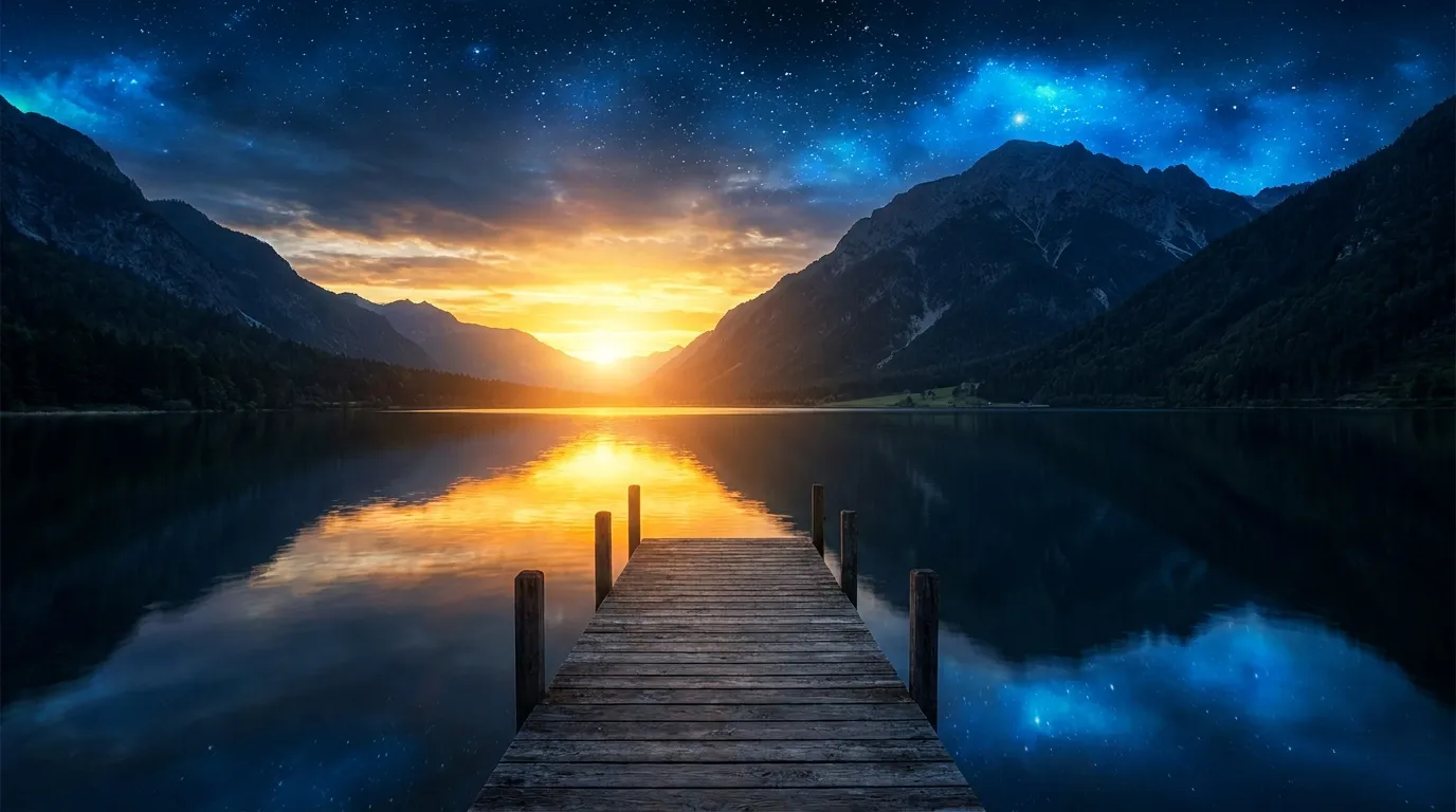 A wooden dock on a still mountain lake reflecting a golden sunrise at blue hour