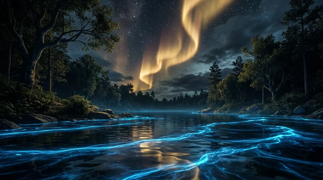 A forest lake at night with glowing blue energy ripples and a golden aurora overhead