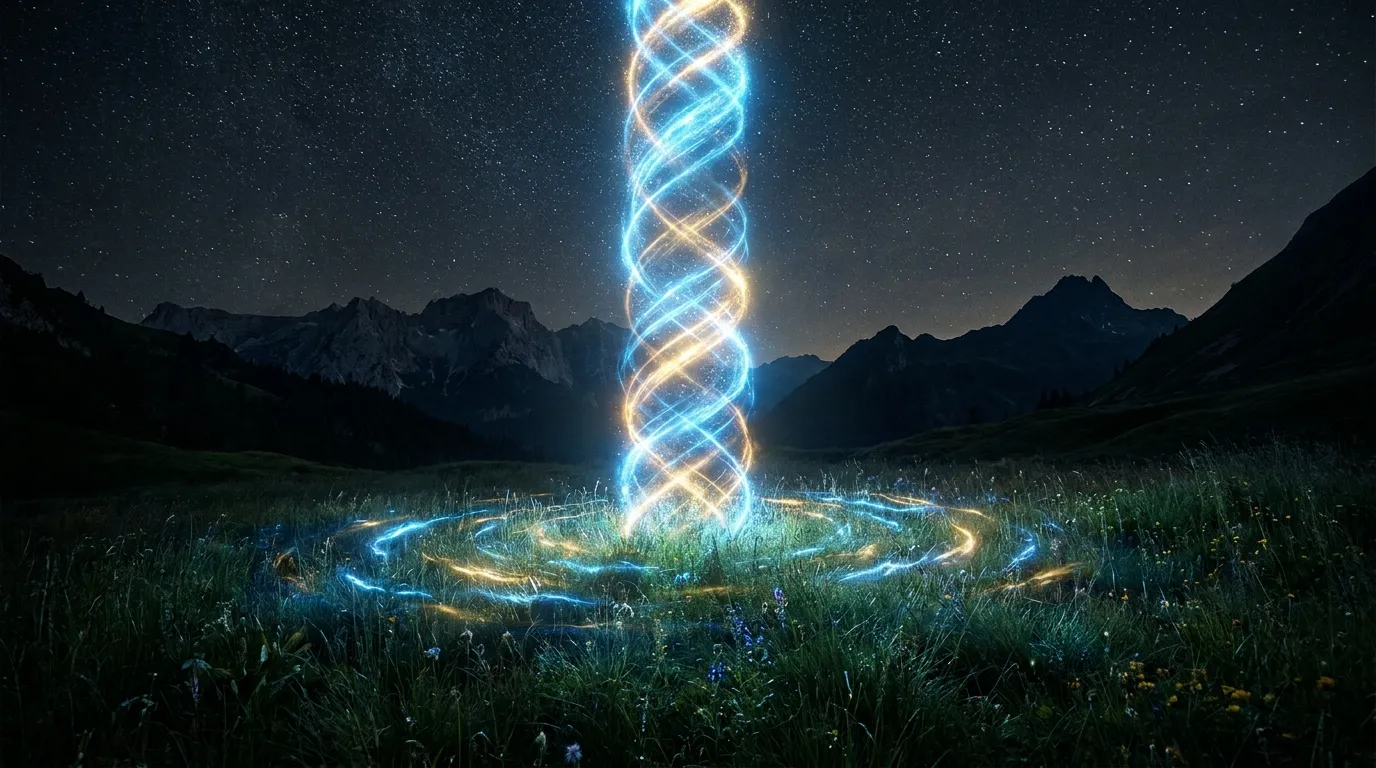 A column of blue and gold light rising from a mountain meadow into a starry sky, symbolizing ascension energy