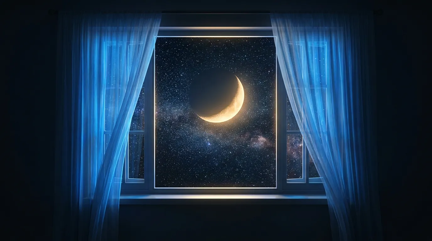 A bedroom window at night framed by glowing blue curtains, looking out on a starry sky and a golden crescent moon
