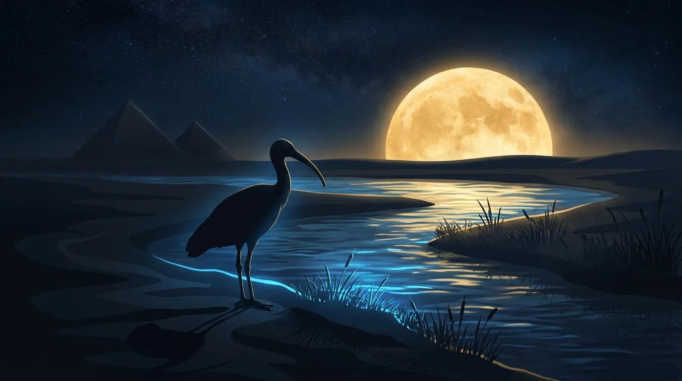An ibis on a riverbank beneath a golden moon with pyramids on the horizon, the symbol of the Egyptian god Thoth