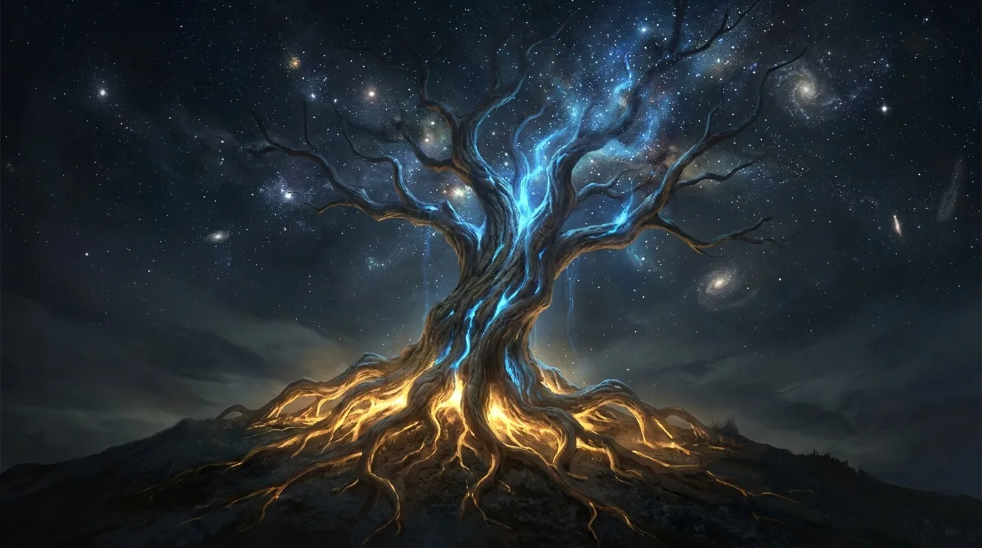 An ancient tree under the stars with glowing golden roots in the earth and blue light rising through its branches