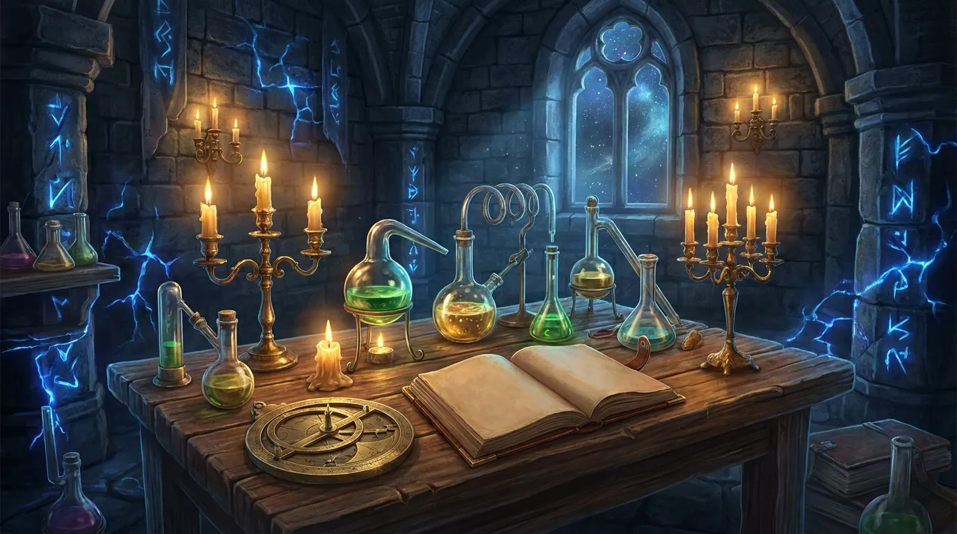 An alchemist's table with flasks and an astrolabe by candlelight, a nod to the Hermetic Emerald Tablet's alchemy history