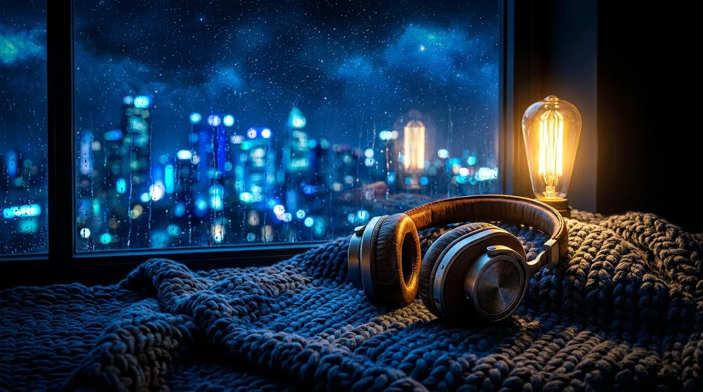 Headphones on a blanket by a night window with a warm lamp, a simple setup for listening to 528 Hz music