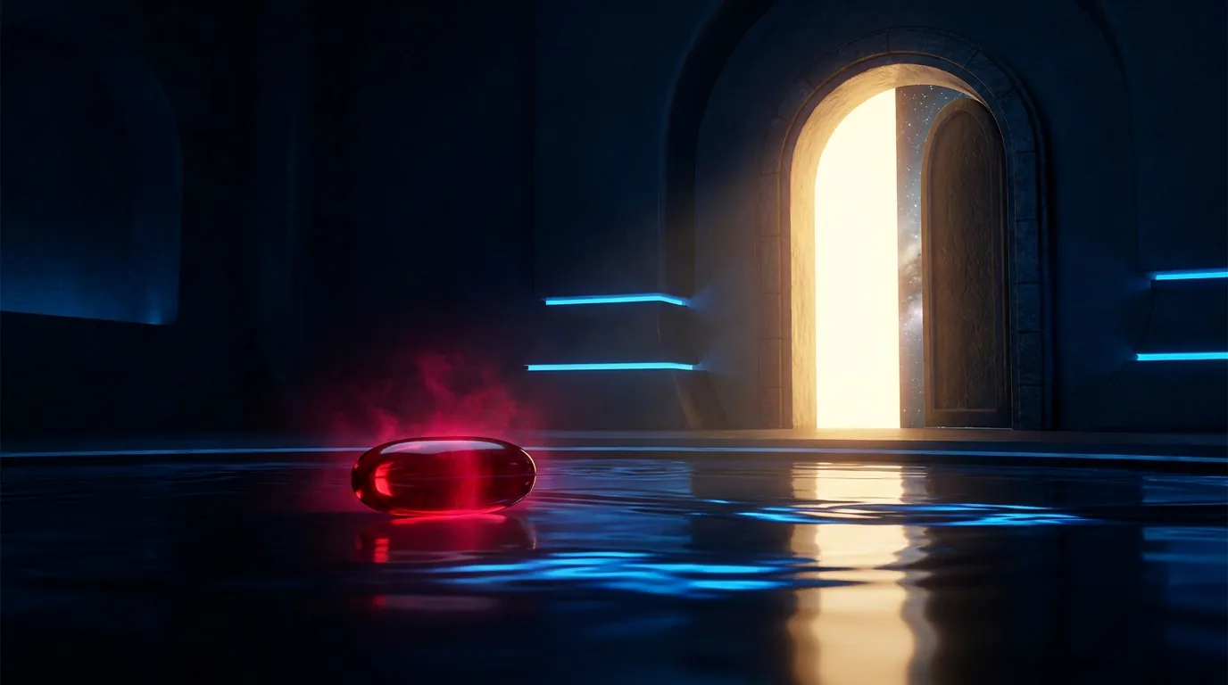 A glowing red capsule on a dark reflective floor in front of an open doorway pouring out golden light