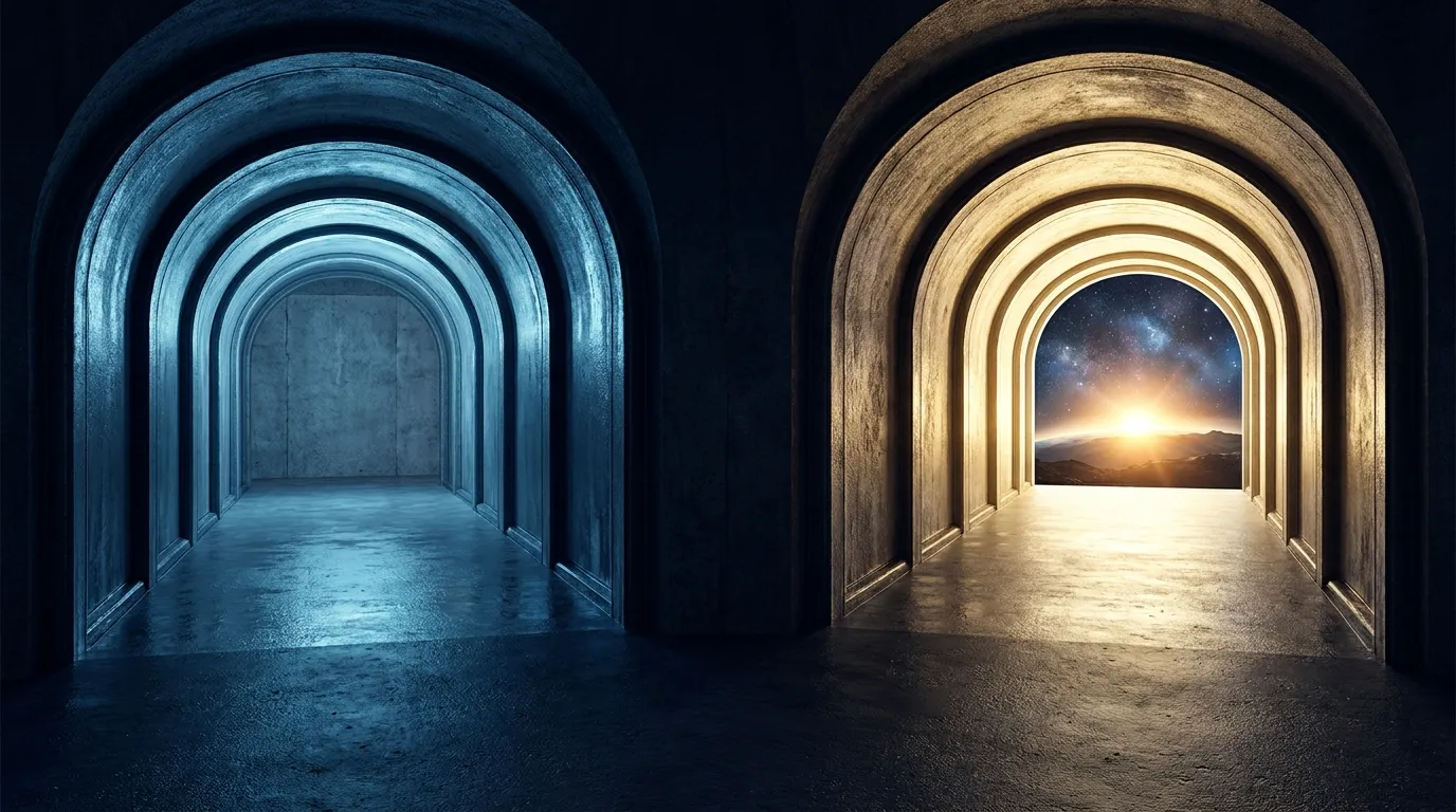 Two arched corridors side by side, one ending at a blank wall in cold blue light and one opening onto a golden sunrise
